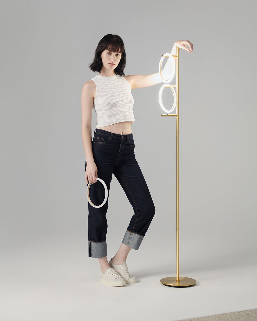 Modern LED Ring Floor Lamp – Dimmable, Gold Metal, 3 Light Rings