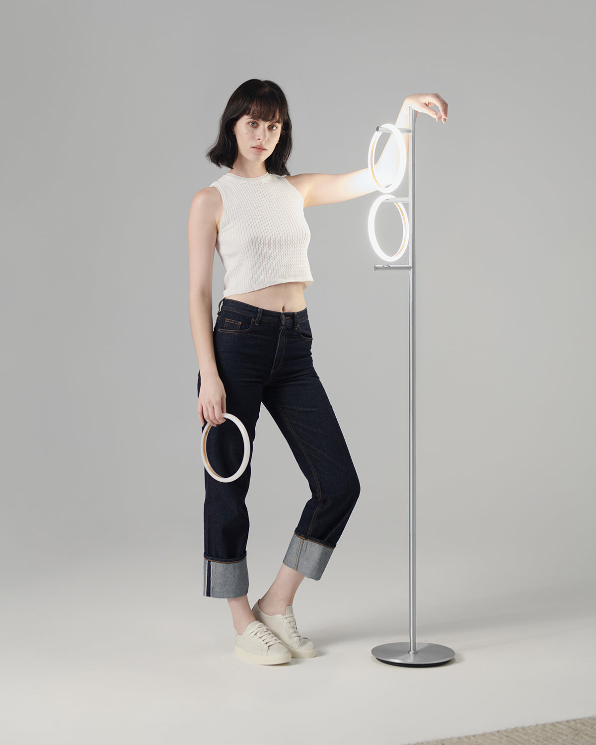 Modern LED Ring Floor Lamp – Dimmable, Gold Metal, 3 Light Rings