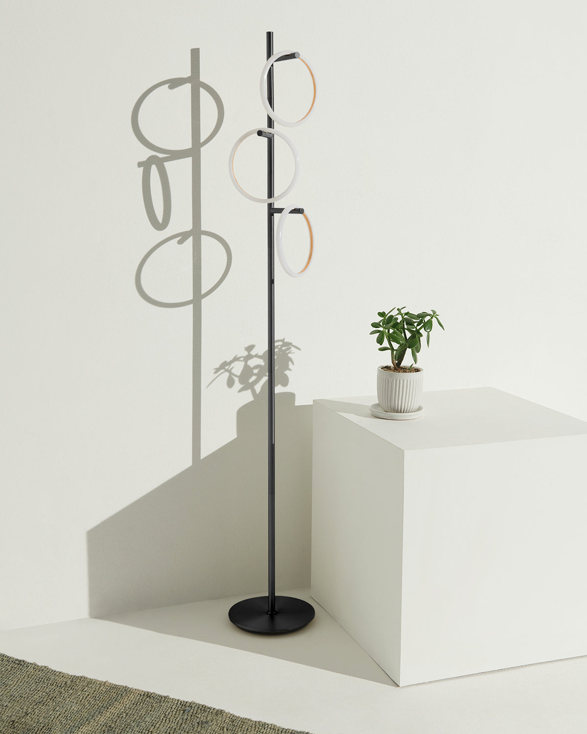 Modern LED Ring Floor Lamp – Dimmable, Gold Metal, 3 Light Rings