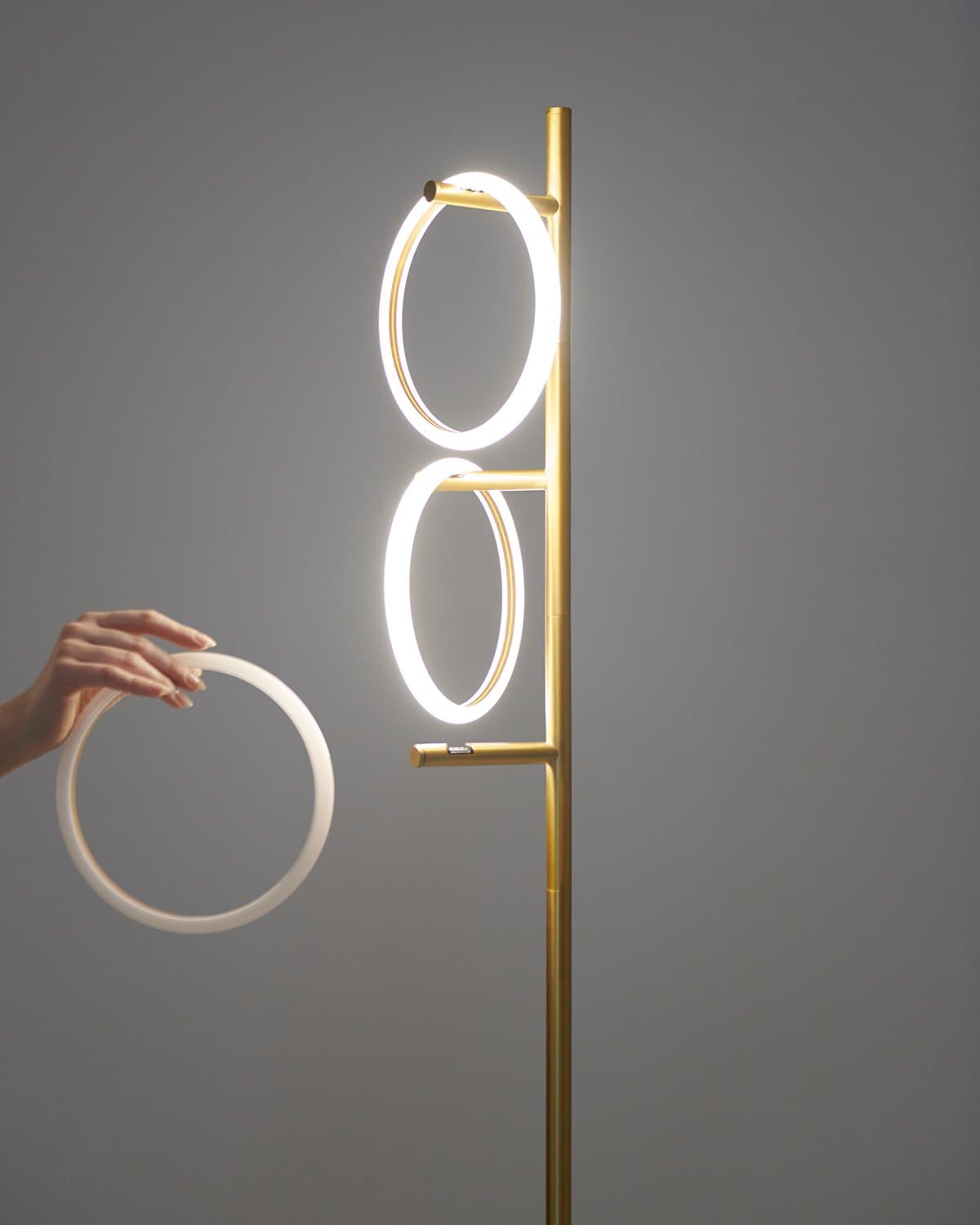 Modern LED Ring Floor Lamp – Dimmable, Gold Metal, 3 Light Rings