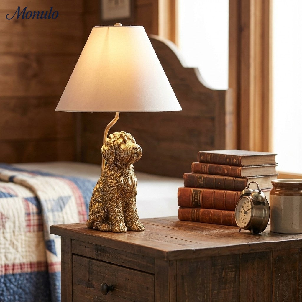 Animal Figure Table Lamp with Cotton Shade – Classic Bedside Lamp with Animal Motif