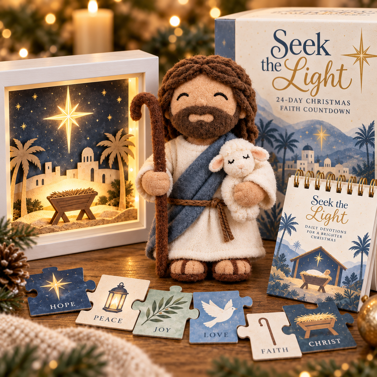 Christian Advent Calendar with 24 Symbol Pieces, Light-Up Nativity and Devotional 2026