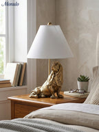 Animal Figure Table Lamp with Cotton Shade – Classic Bedside Lamp with Animal Motif