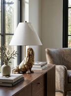 Animal Figure Table Lamp with Cotton Shade – Classic Bedside Lamp with Animal Motif