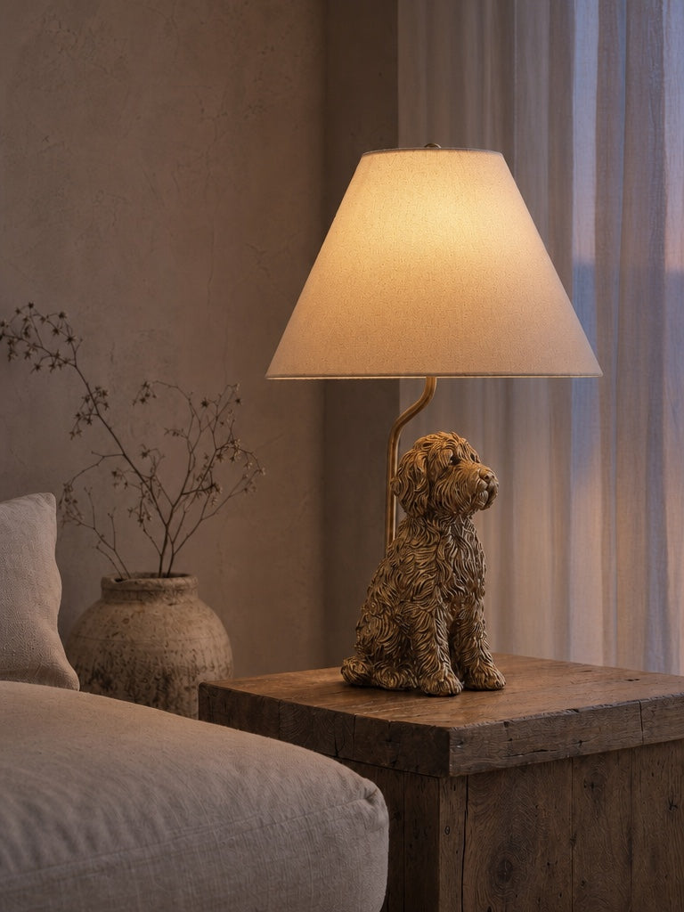 Animal Figure Table Lamp with Cotton Shade – Classic Bedside Lamp with Animal Motif