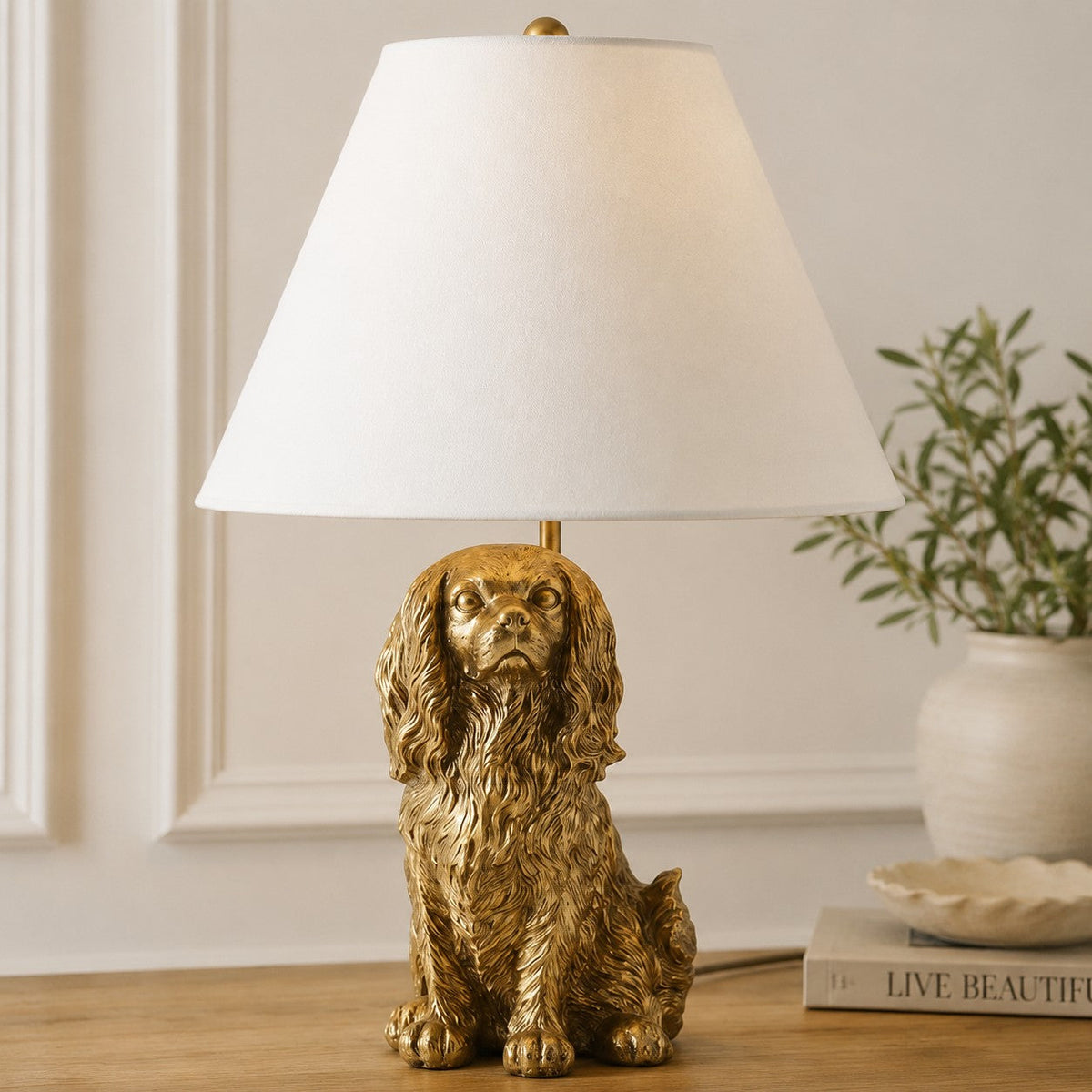 Animal Figure Table Lamp with Cotton Shade – Classic Bedside Lamp with Animal Motif