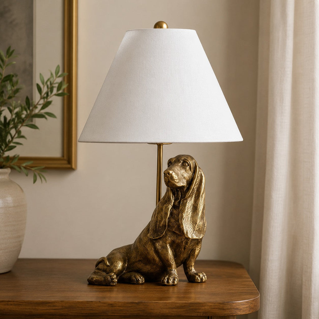 Animal Figure Table Lamp with Cotton Shade – Classic Bedside Lamp with Animal Motif