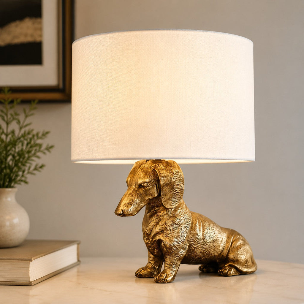 Animal Figure Table Lamp with Cotton Shade – Classic Bedside Lamp with Animal Motif