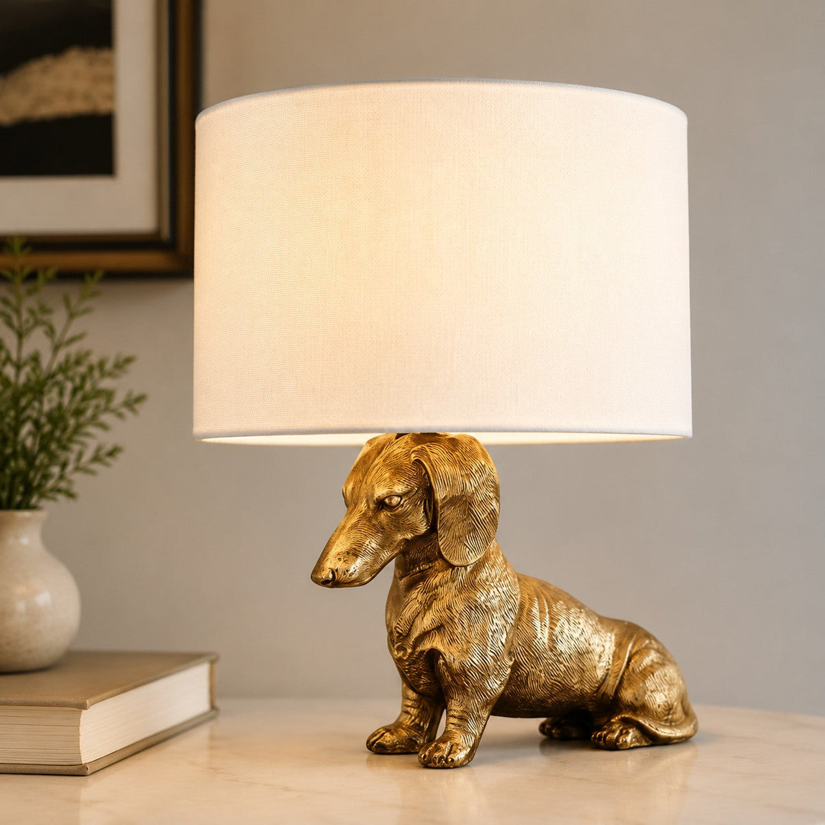 Animal Figure Table Lamp with Cotton Shade – Classic Bedside Lamp with Animal Motif