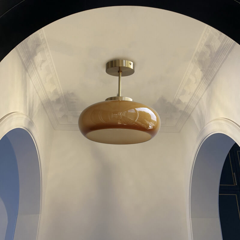 Vintage Yellow Glass & Brass Ceiling Light – Semi-Flush LED Lighting