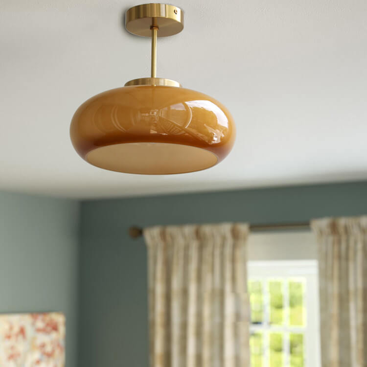 Vintage Yellow Glass & Brass Ceiling Light – Semi-Flush LED Lighting