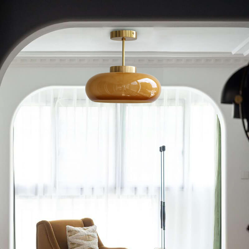Vintage Yellow Glass & Brass Ceiling Light – Semi-Flush LED Lighting