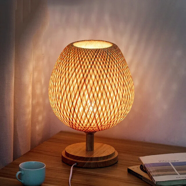 Rustic Bamboo Table Lamp with Handmade Wooden Base – Vintage Mood Light for Living Room, Bedroom & Desk
