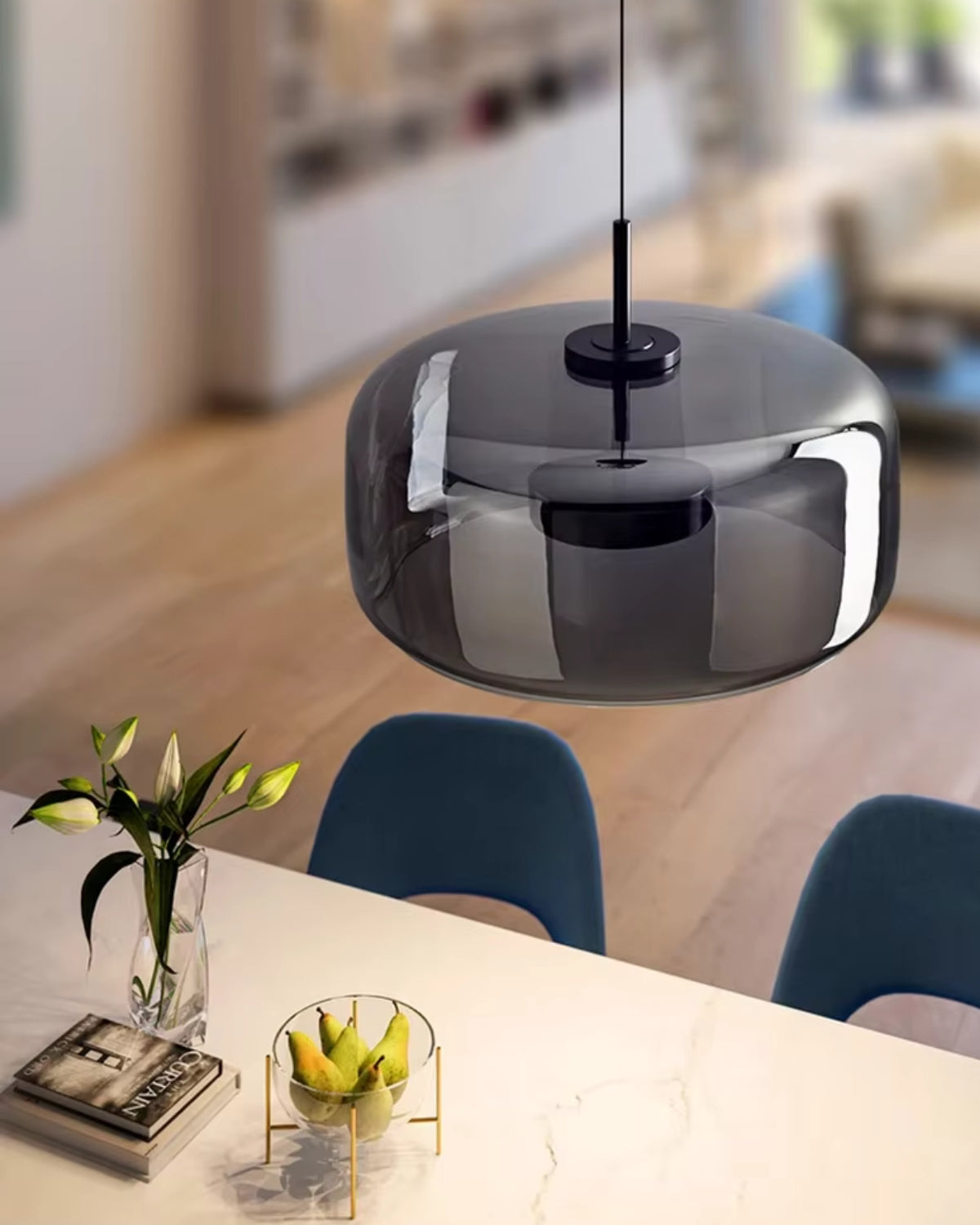 Smoked Glass LED Pendant Light – Dimmable Scandinavian Ceiling Light in Gold, Black or Amber for Dining Room, Kitchen Island & Living Room