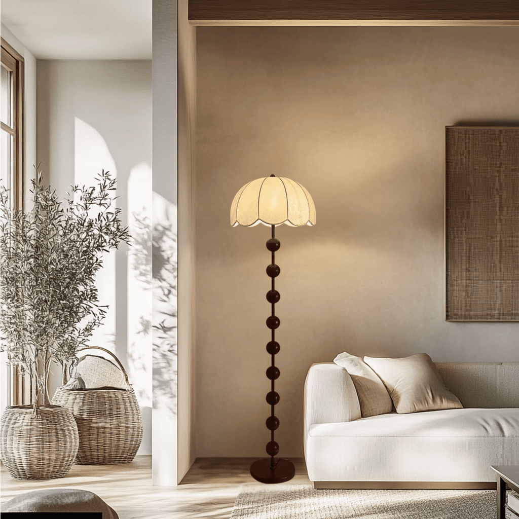 Beige Mushroom Floor Lamp with Walnut Base, 160 cm – Minimalist Scandinavian Design Mood Lighting