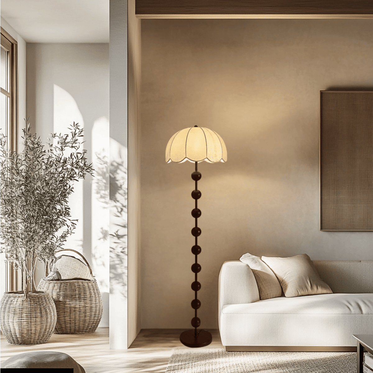Beige Mushroom Floor Lamp with Walnut Base, 160 cm – Minimalist Scandinavian Design Mood Lighting