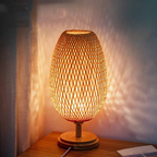 Rustic Bamboo Table Lamp with Handmade Wooden Base – Vintage Mood Light for Living Room, Bedroom & Desk