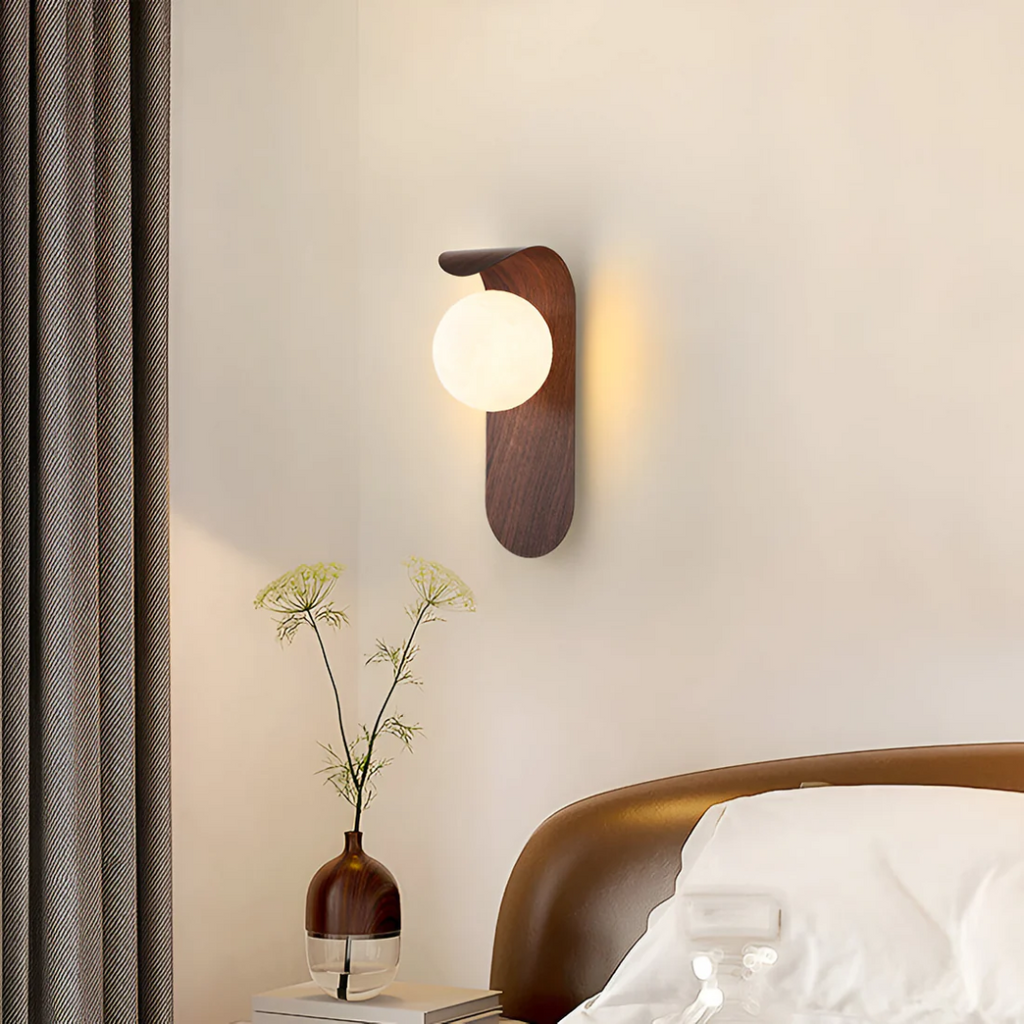 Scandinavian Wooden Wall Light with Glass Globe – LED Wall Lamp for Bedroom & Living Room