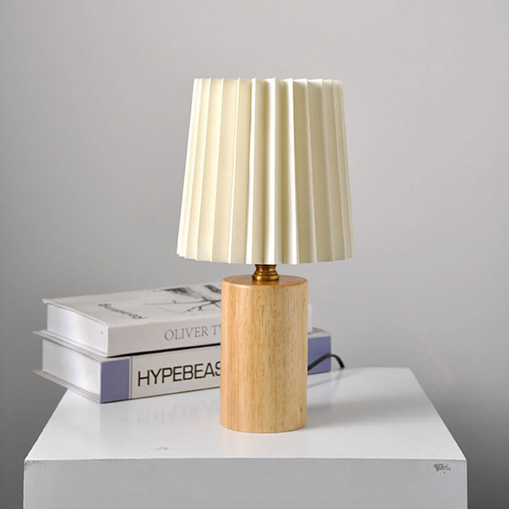 Wooden Table Lamp with Pleated Fabric Shade – 31 cm Japandi Retro Bedside & Desk Lamp for Bedroom & Living Room, USB