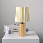 Wooden Table Lamp with Pleated Fabric Shade – 31 cm Japandi Retro Bedside & Desk Lamp for Bedroom & Living Room, USB