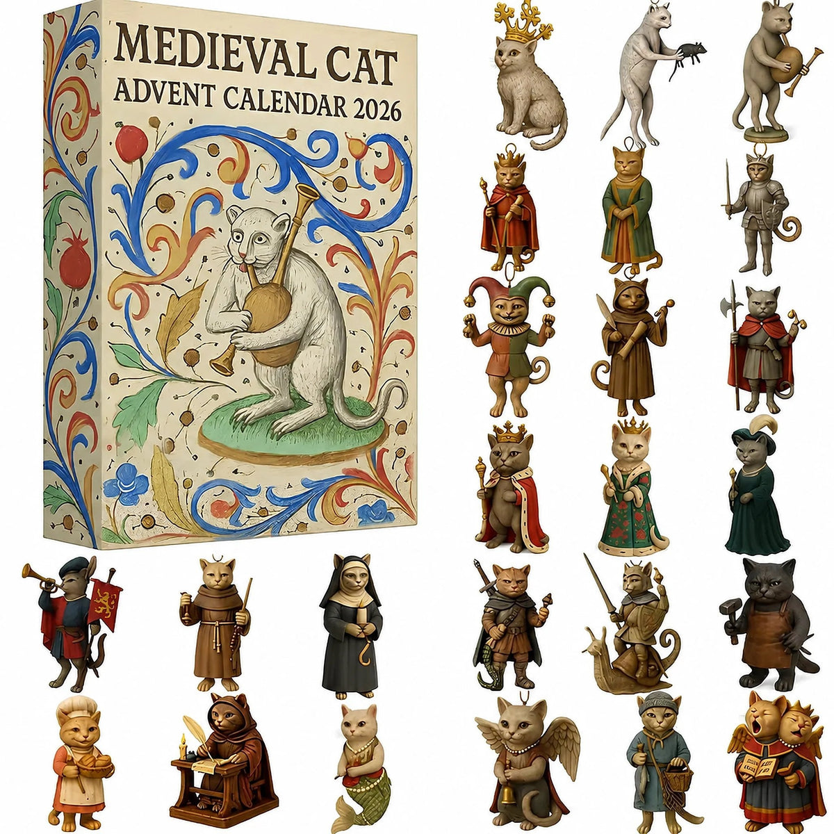 Medieval Cat Ornament Advent Calendar with 24 Acrylic Cat Figures 2026