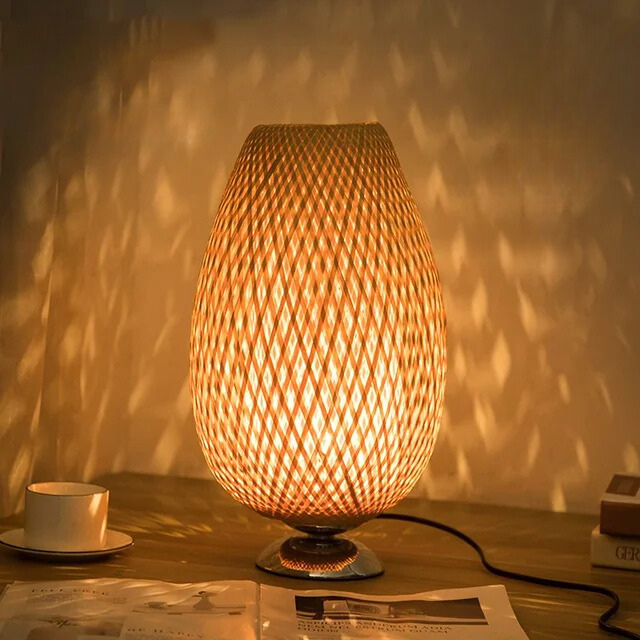 Rustic Bamboo Table Lamp with Handmade Wooden Base – Vintage Mood Light for Living Room, Bedroom & Desk