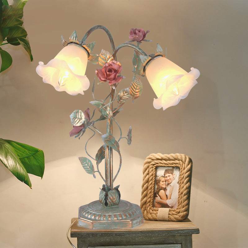 Pastoral Green Metal Bedside Lamp with Flower Decoration – Vintage Table Lamp, 1 or 2 Lights