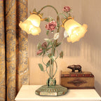 Pastoral Green Metal Bedside Lamp with Flower Decoration – Vintage Table Lamp, 1 or 2 Lights