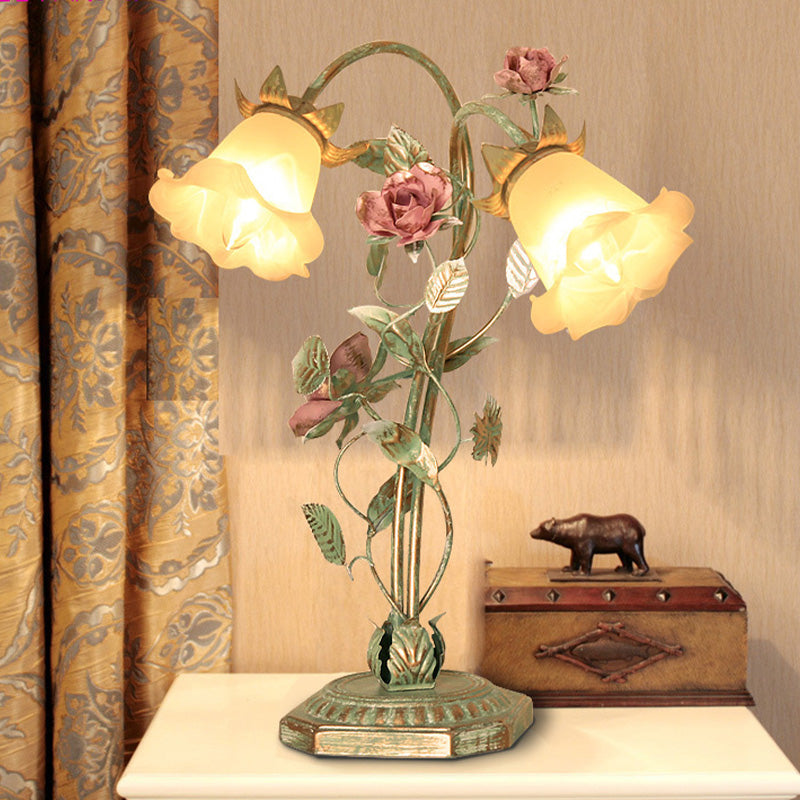 Pastoral Green Metal Bedside Lamp with Flower Decoration – Vintage Table Lamp, 1 or 2 Lights