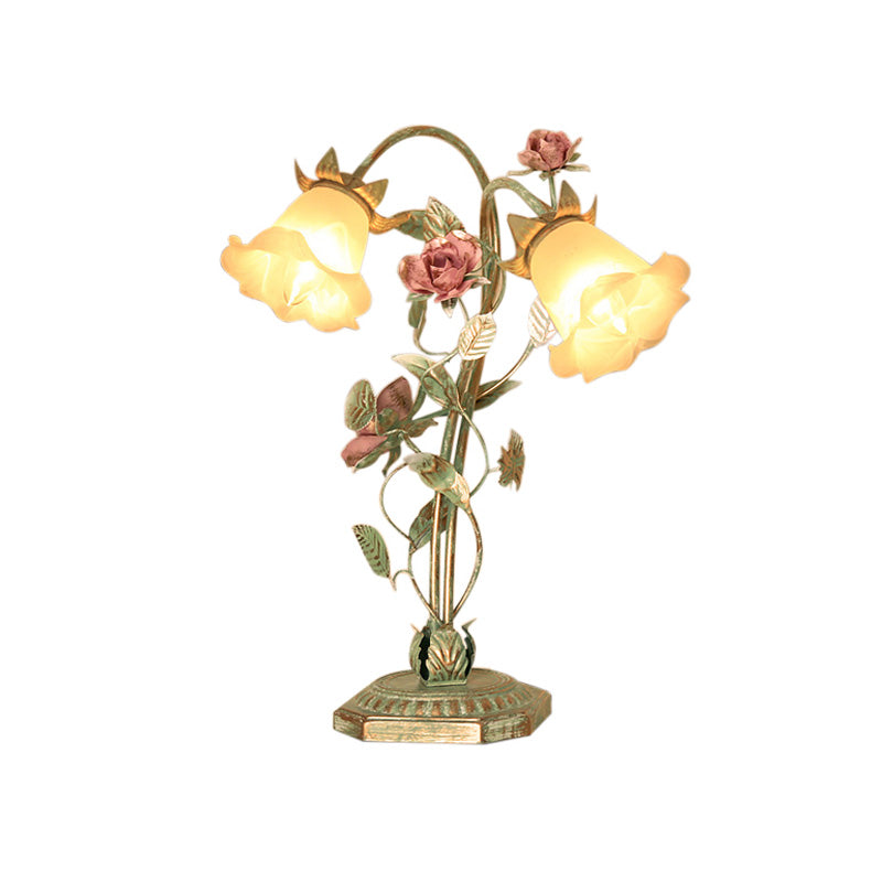 Pastoral Green Metal Bedside Lamp with Flower Decoration – Vintage Table Lamp, 1 or 2 Lights