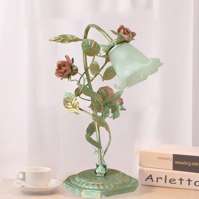 Pastoral Green Metal Bedside Lamp with Flower Decoration – Vintage Table Lamp, 1 or 2 Lights