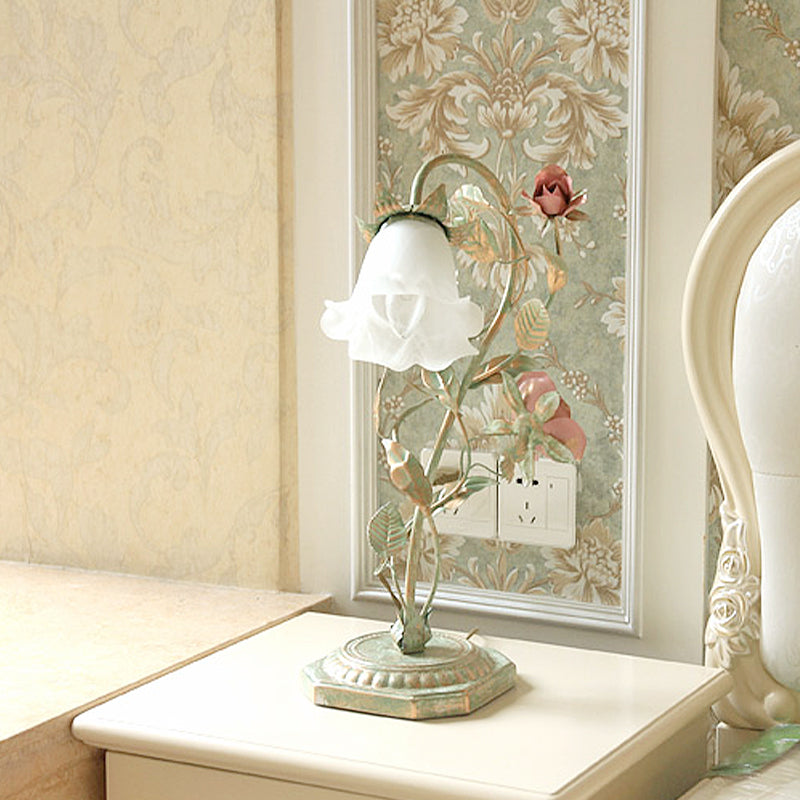 Pastoral Green Metal Bedside Lamp with Flower Decoration – Vintage Table Lamp, 1 or 2 Lights