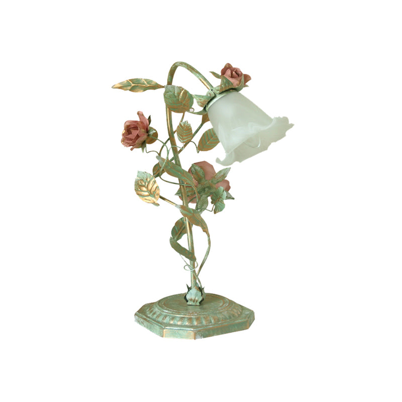 Pastoral Green Metal Bedside Lamp with Flower Decoration – Vintage Table Lamp, 1 or 2 Lights