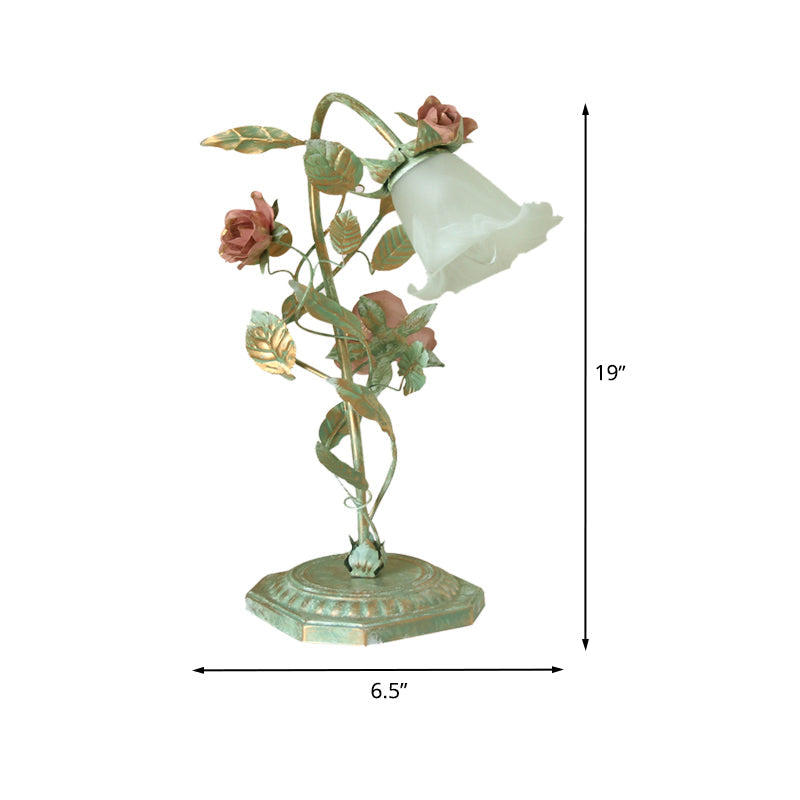 Pastoral Green Metal Bedside Lamp with Flower Decoration – Vintage Table Lamp, 1 or 2 Lights