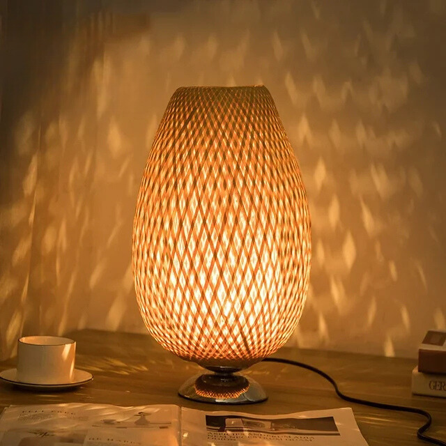 Rustic Bamboo Table Lamp with Handmade Wooden Base – Vintage Mood Light for Living Room, Bedroom & Desk