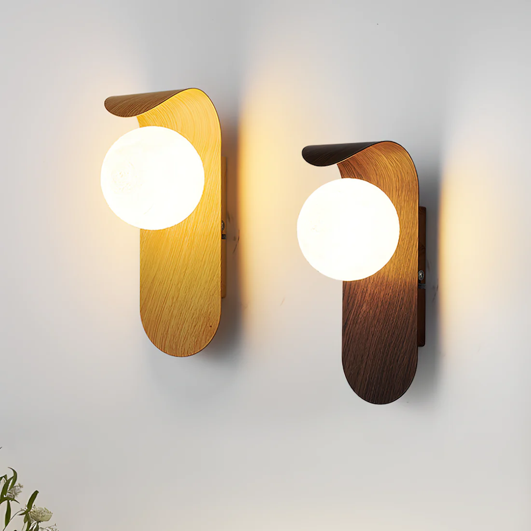 Scandinavian Wooden Wall Light with Glass Globe – LED Wall Lamp for Bedroom & Living Room