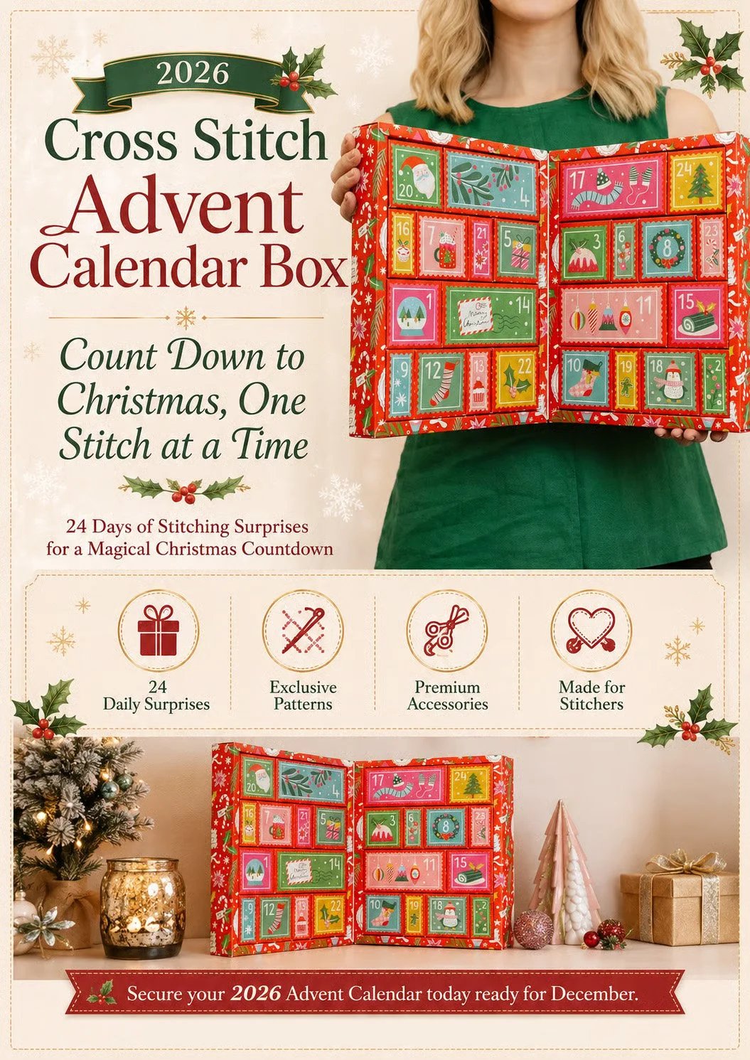 Cross Stitch Advent Calendar with 24 Daily Boxes of Needlework Supplies 2026