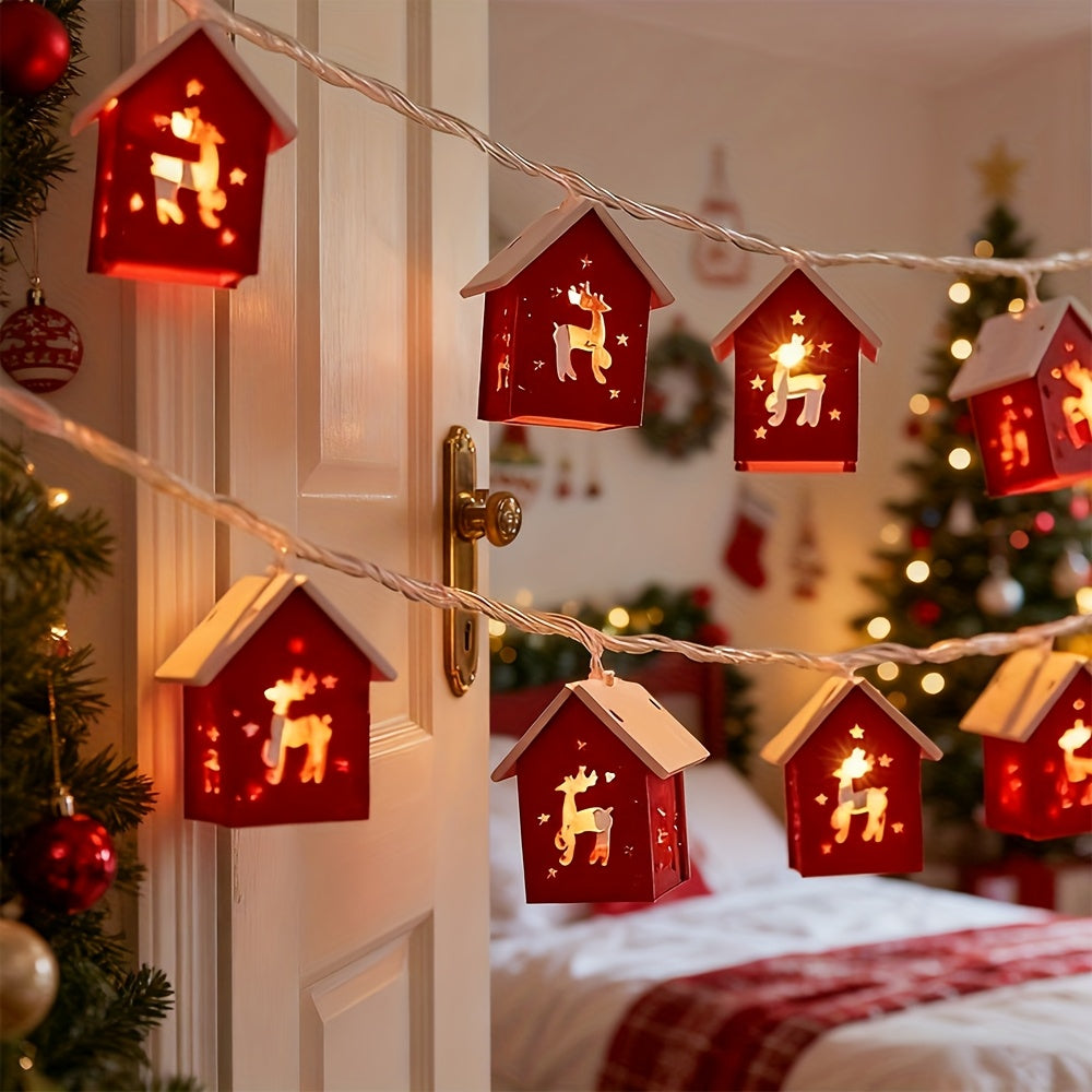 Illuminated Christmas Decoration LED Garland with Houses – Battery-Powered Warm Light, 200 cm, Winter Ambience