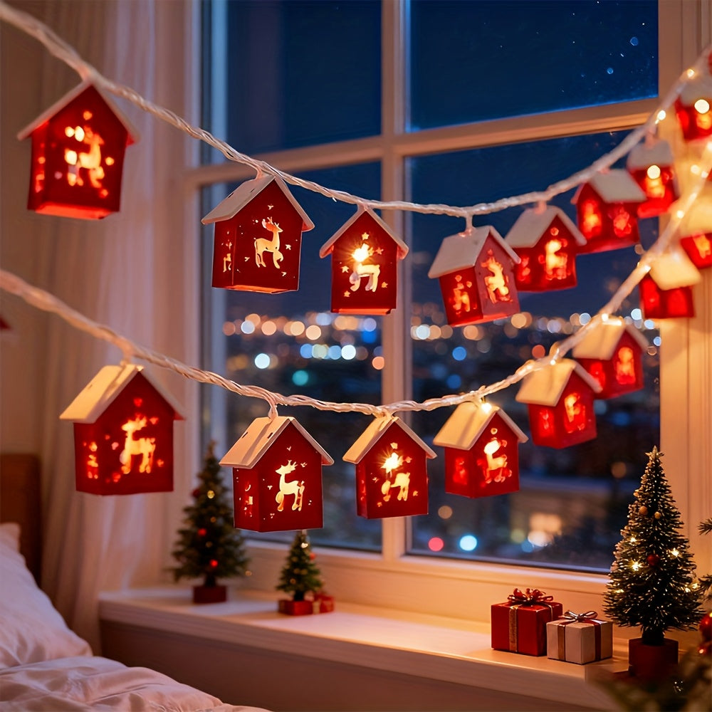 Illuminated Christmas Decoration LED Garland with Houses – Battery-Powered Warm Light, 200 cm, Winter Ambience