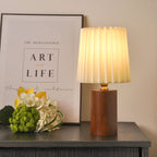 Wooden Table Lamp with Pleated Fabric Shade – 31 cm Japandi Retro Bedside & Desk Lamp for Bedroom & Living Room, USB