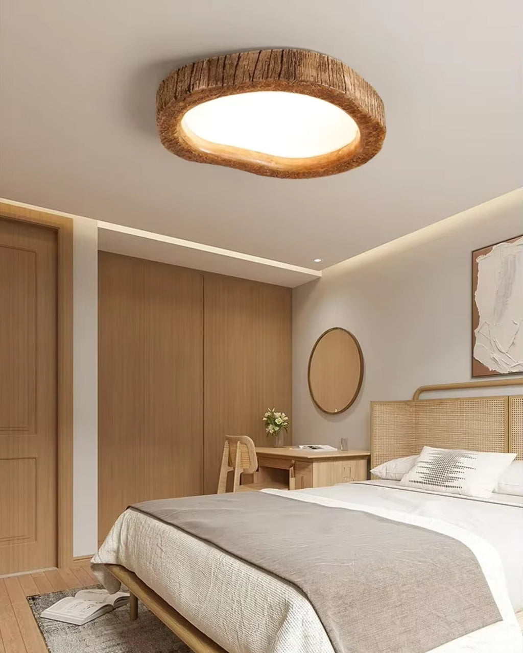 Round Wood-Look LED Ceiling Light – Modern Lighting for Bedroom & Living Room