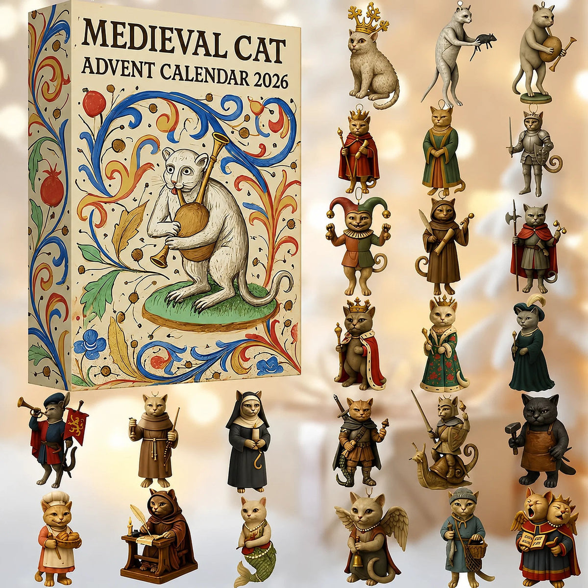 Medieval Cat Ornament Advent Calendar with 24 Acrylic Cat Figures 2026