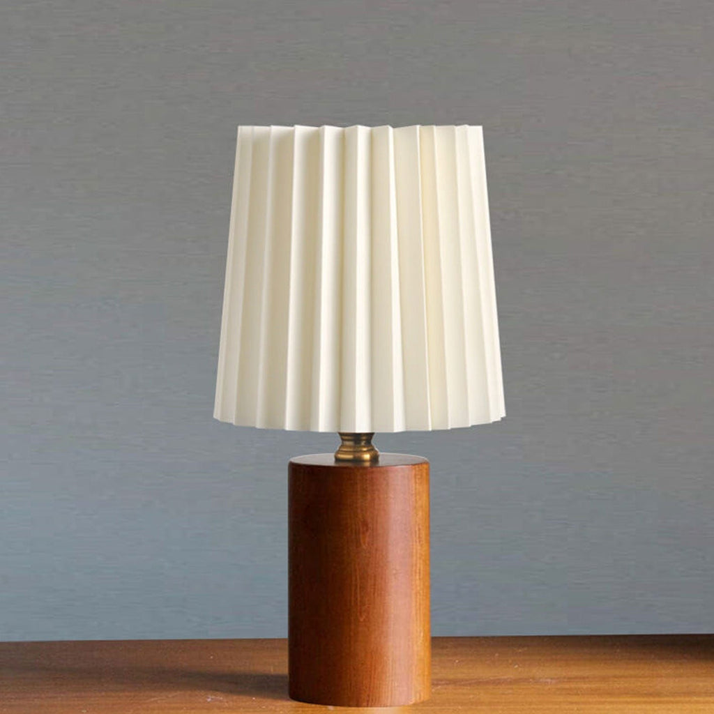 Wooden Table Lamp with Pleated Fabric Shade – 31 cm Japandi Retro Bedside & Desk Lamp for Bedroom & Living Room, USB