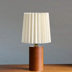 Wooden Table Lamp with Pleated Fabric Shade – 31 cm Japandi Retro Bedside & Desk Lamp for Bedroom & Living Room, USB