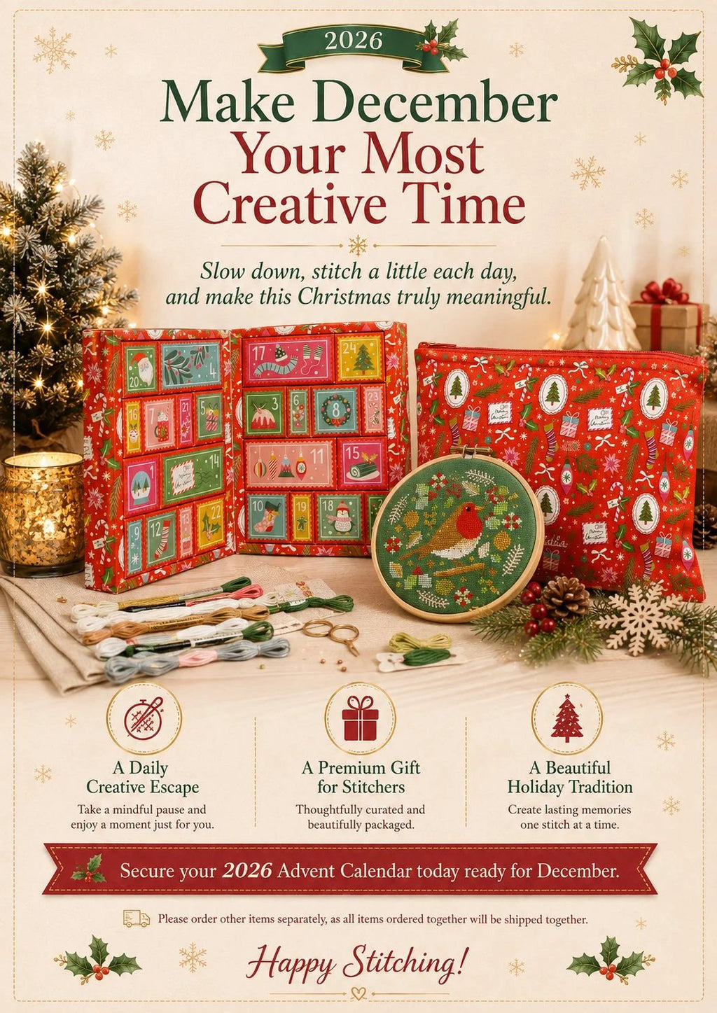 Cross Stitch Advent Calendar with 24 Daily Boxes of Needlework Supplies 2026
