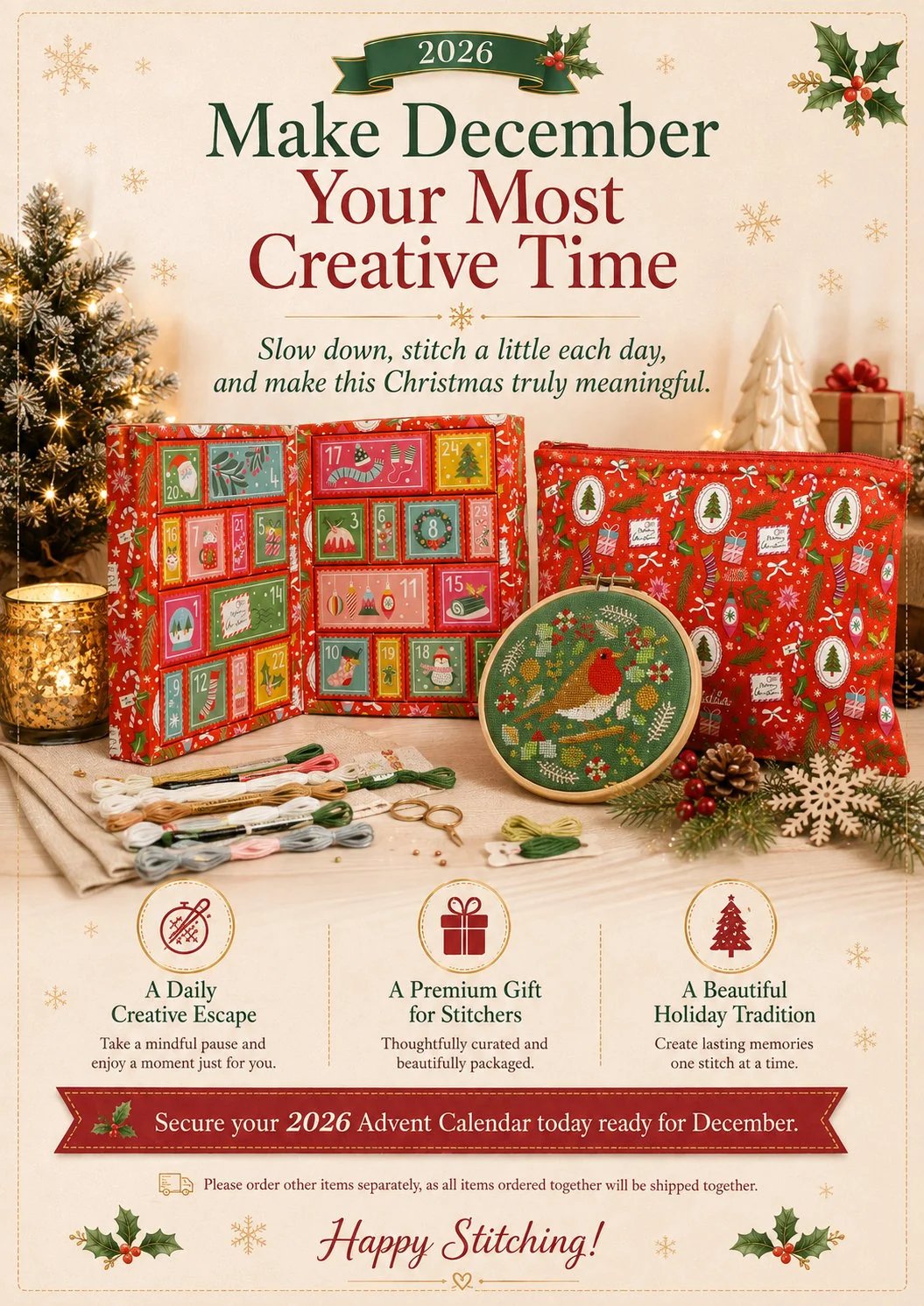 Cross Stitch Advent Calendar with 24 Daily Boxes of Needlework Supplies 2026