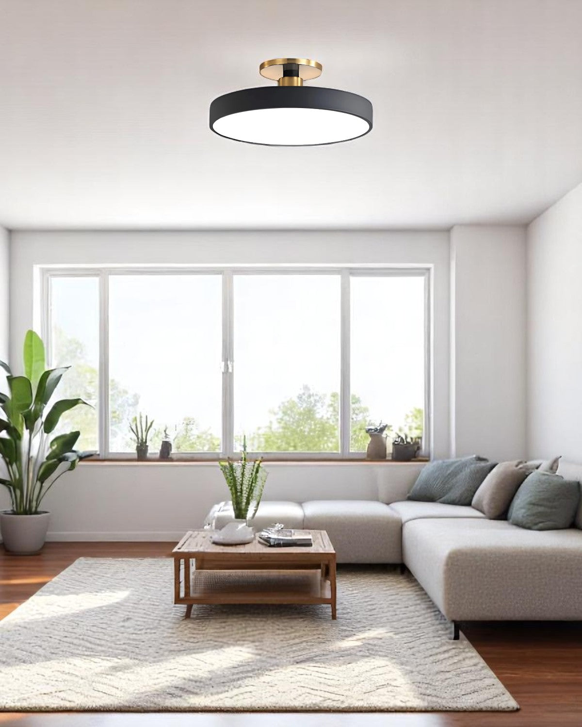 Modern Round Ceiling Light with Gold Detail & Acrylic Diffuser – Minimalist Semi-Flush for Living Room & Bedroom