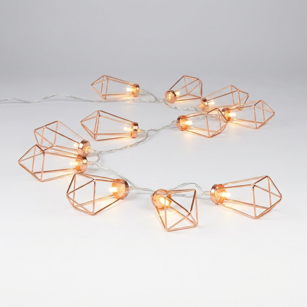 Geometric Diamond LED String Lights – Copper & Steel, Battery, 20 Lights for Living Room, Bedroom, Garden & Party Decoration
