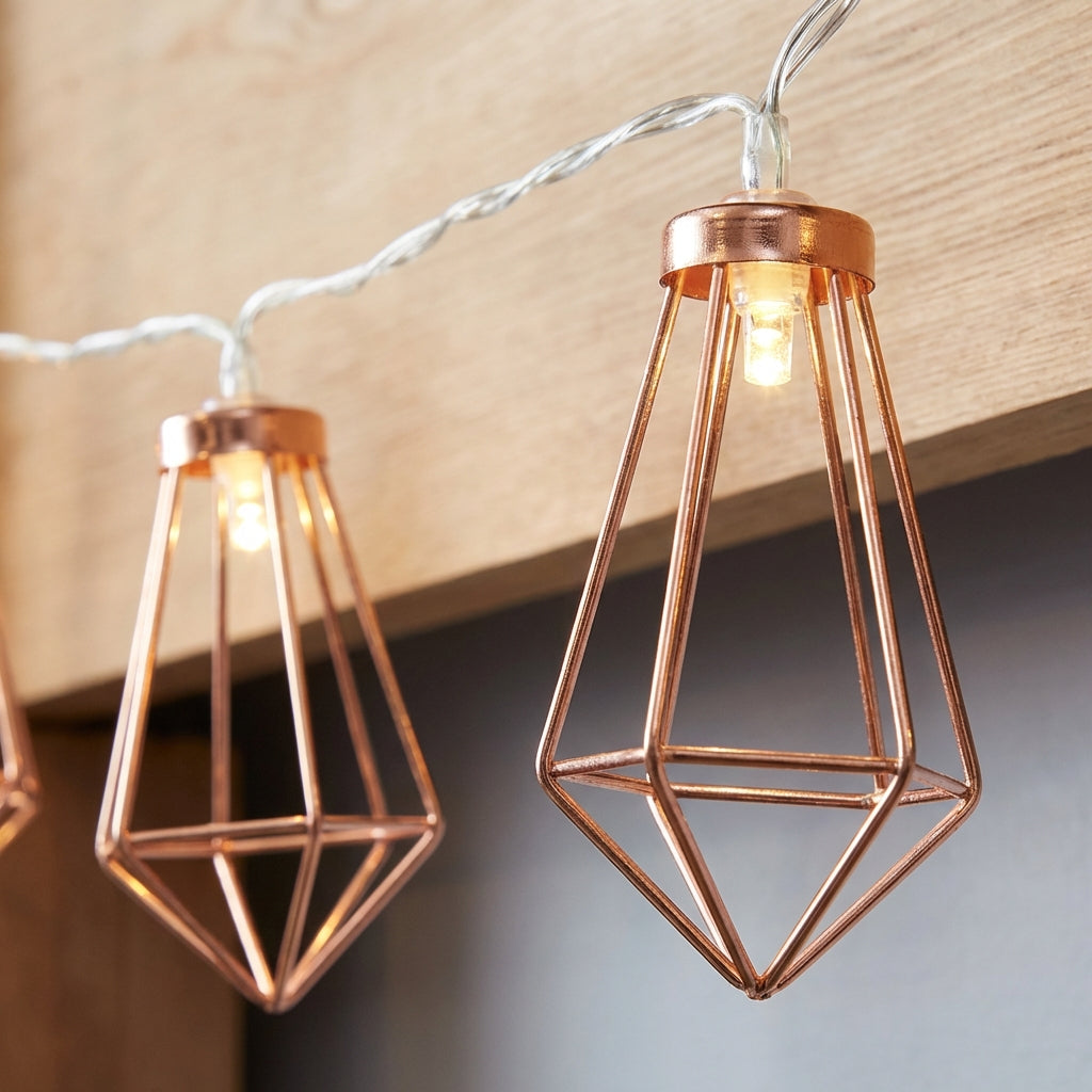 Geometric Diamond LED String Lights – Copper & Steel, Battery, 20 Lights for Living Room, Bedroom, Garden & Party Decoration