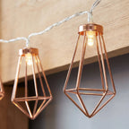 Geometric Diamond LED String Lights – Copper & Steel, Battery, 20 Lights for Living Room, Bedroom, Garden & Party Decoration